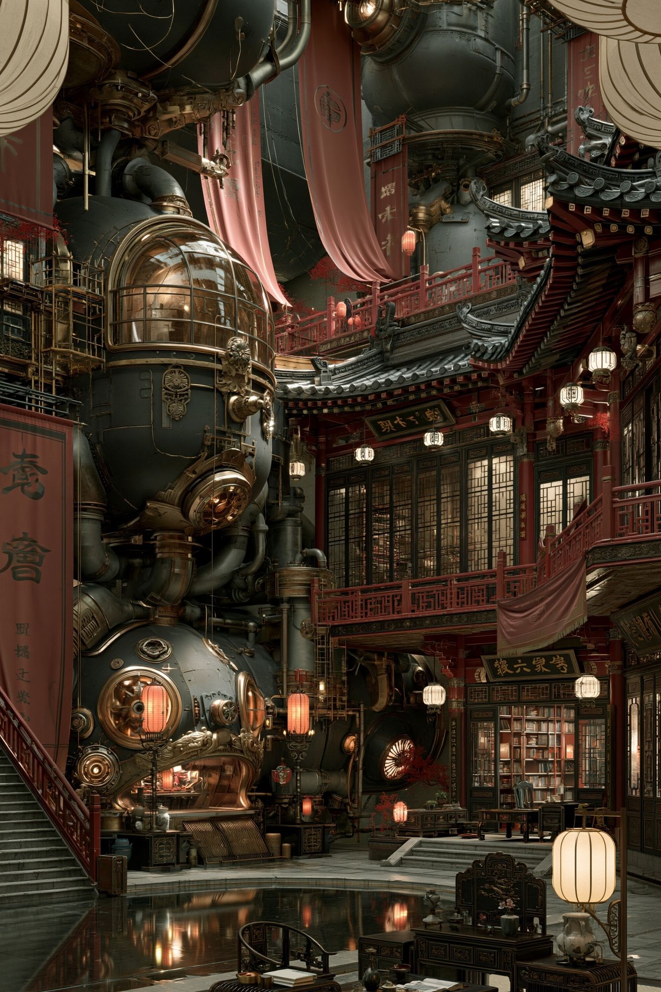 Steampunk East Asian Courtyard Print. poster detail