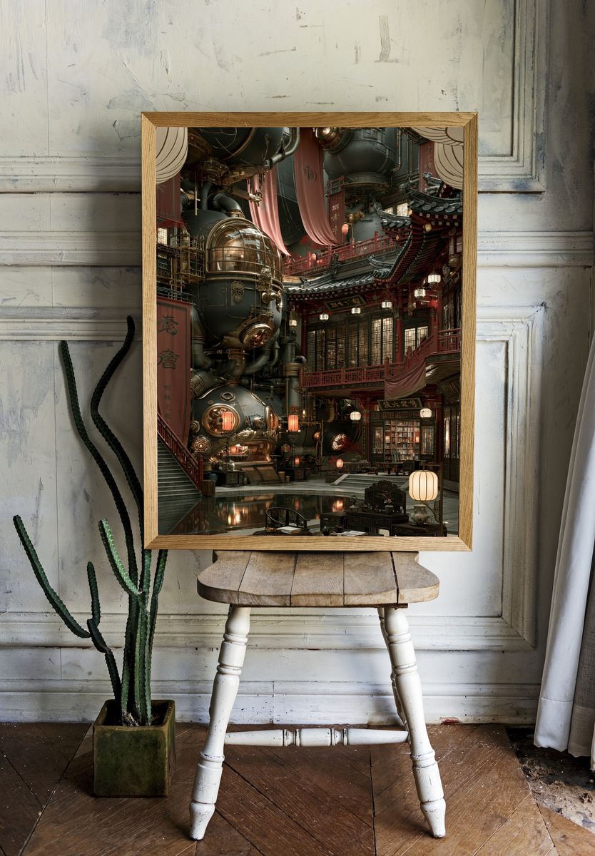 Steampunk East Asian Courtyard Print. room preview