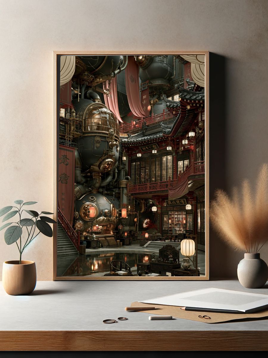 Steampunk East Asian Courtyard Print. — room view 2