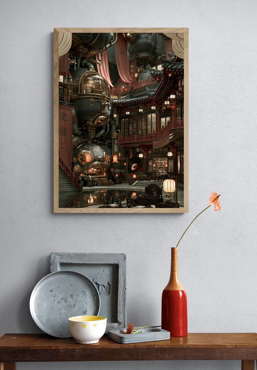 Steampunk East Asian Courtyard Print. — room view 3
