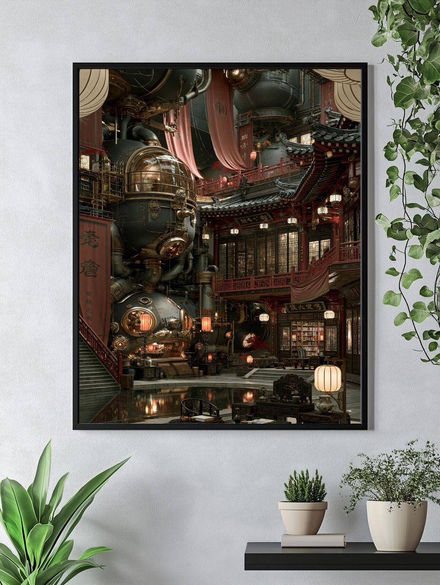 Steampunk East Asian Courtyard Print. — room view 4
