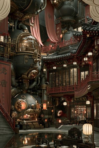 Steampunk East Asian Courtyard Print. poster