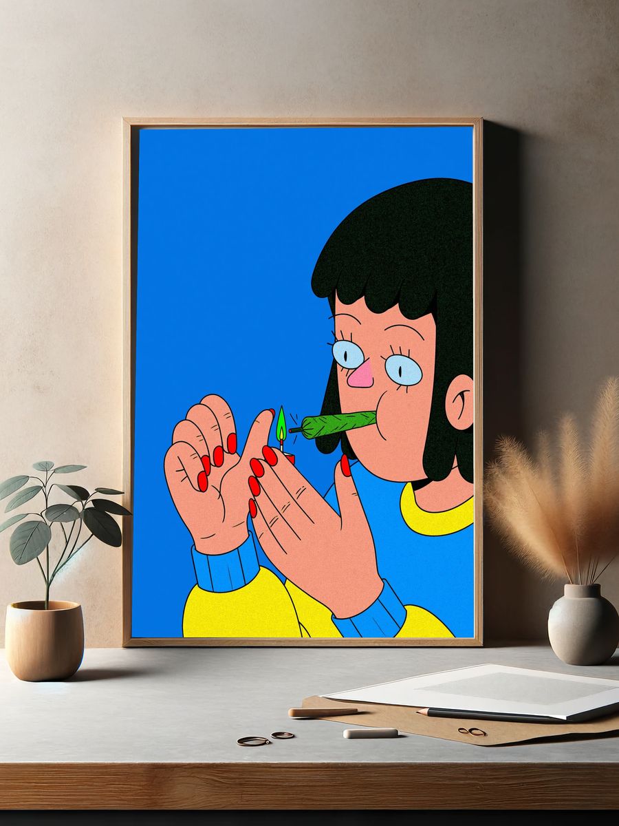 Girl Lighting Joint Cartoon Print. — room view 2