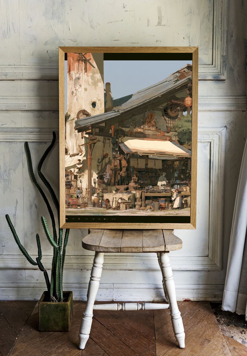 Rustic Workshop Village Illustration Poster. room preview