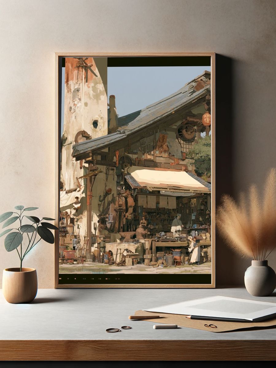 Rustic Workshop Village Illustration Poster. — room view 2