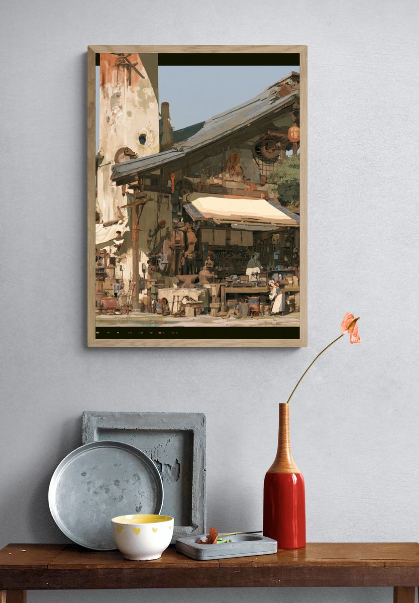 Rustic Workshop Village Illustration Poster. — room view 3