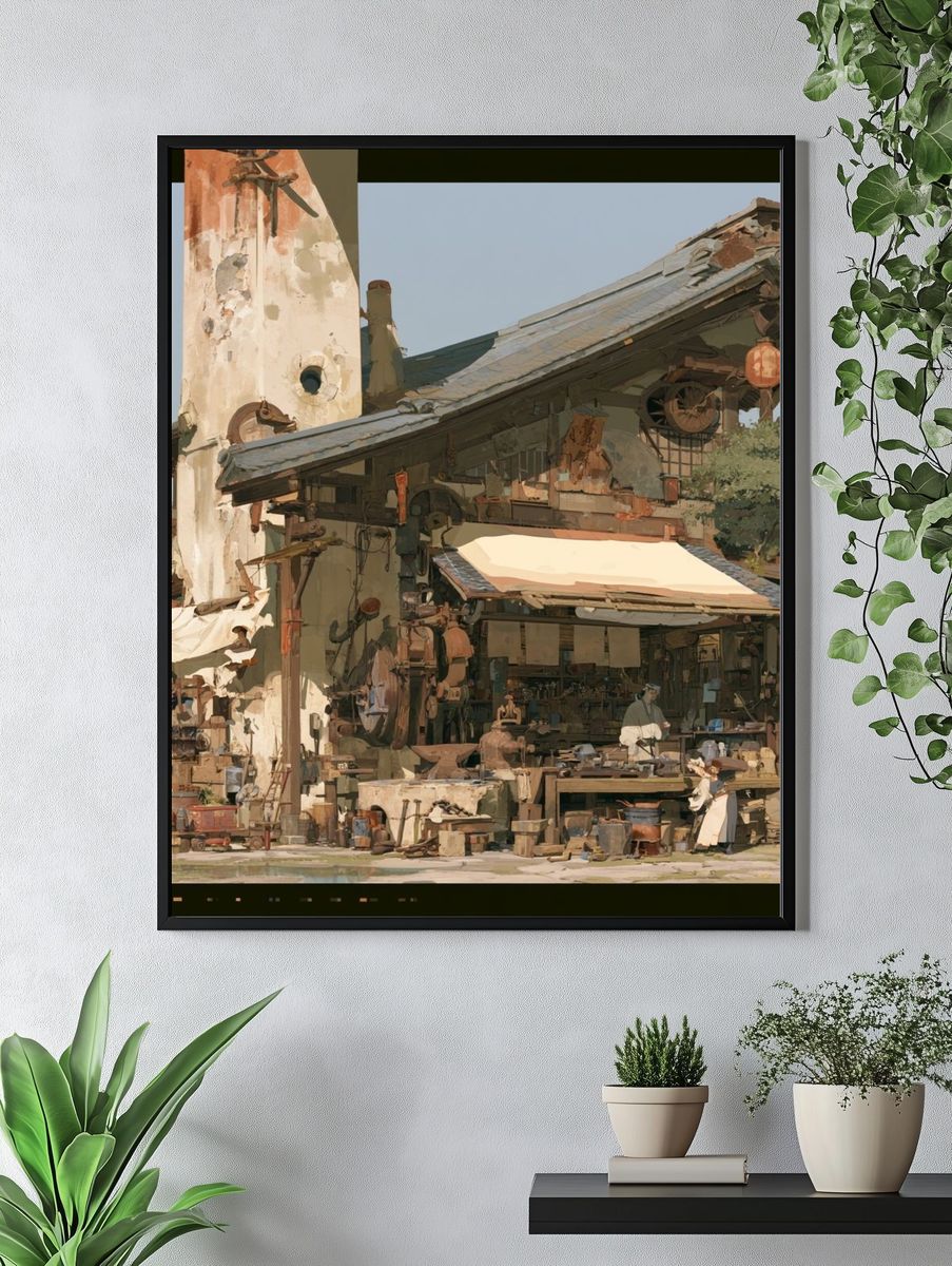 Rustic Workshop Village Illustration Poster. — room view 4