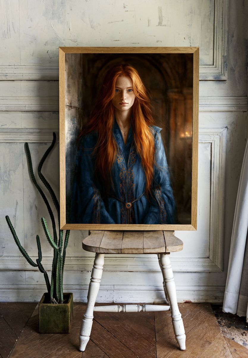Red-Haired Fantasy Portrait Print. room preview