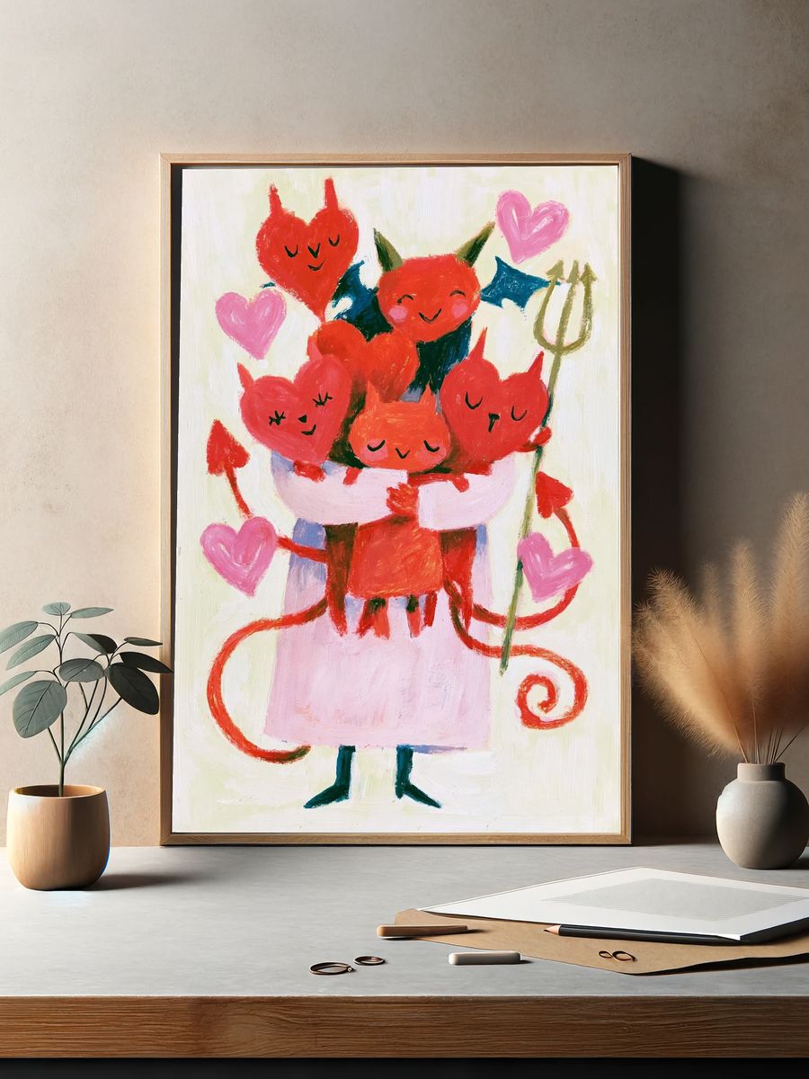 Cute Devil Hearts Illustration Poster. — room view 2