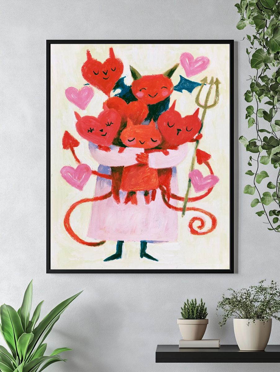 Cute Devil Hearts Illustration Poster. — room view 4