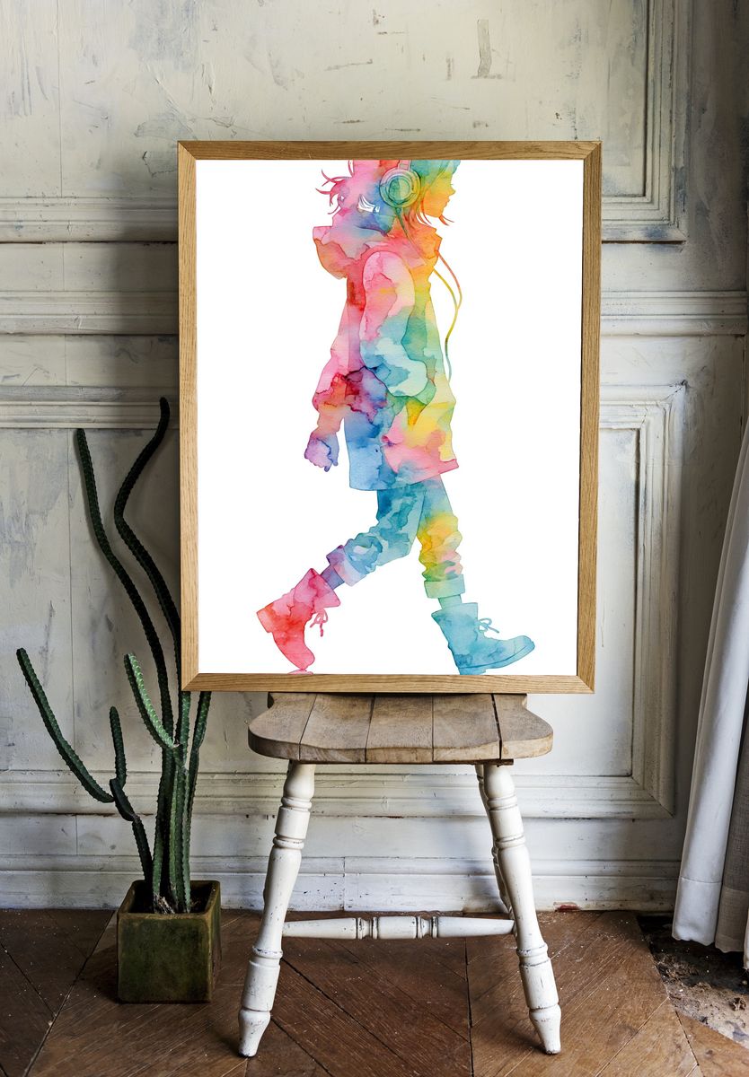 Headphones Girl Watercolor Print. — room view 1