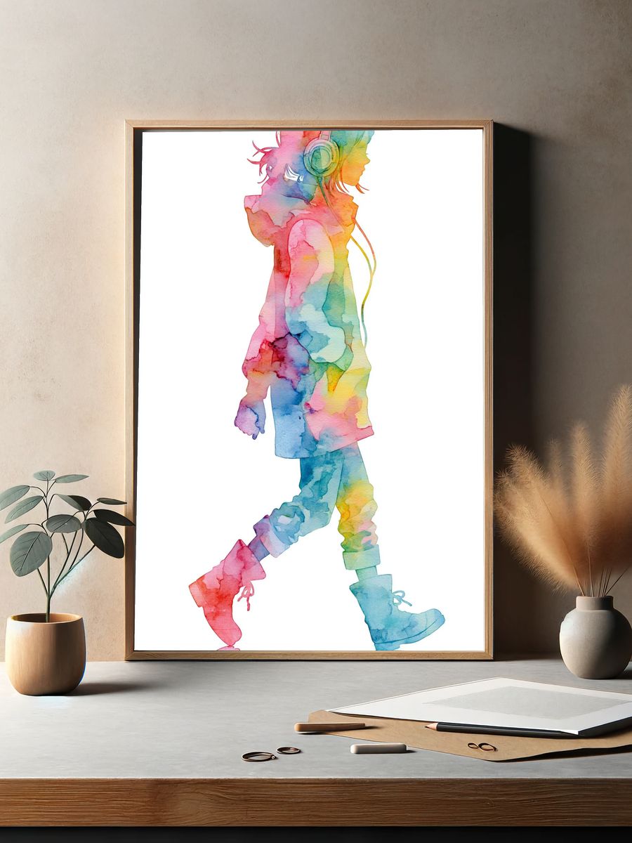 Headphones Girl Watercolor Print. — room view 2