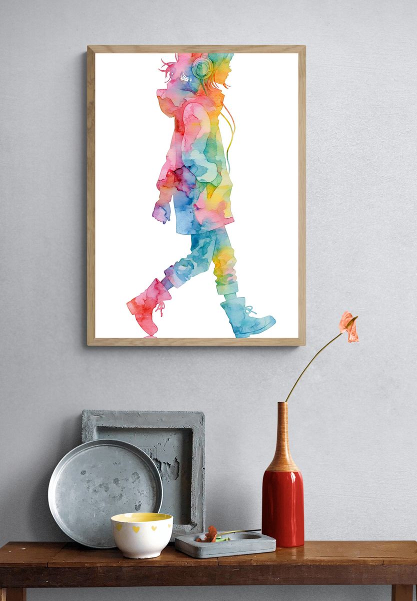 Headphones Girl Watercolor Print. — room view 3