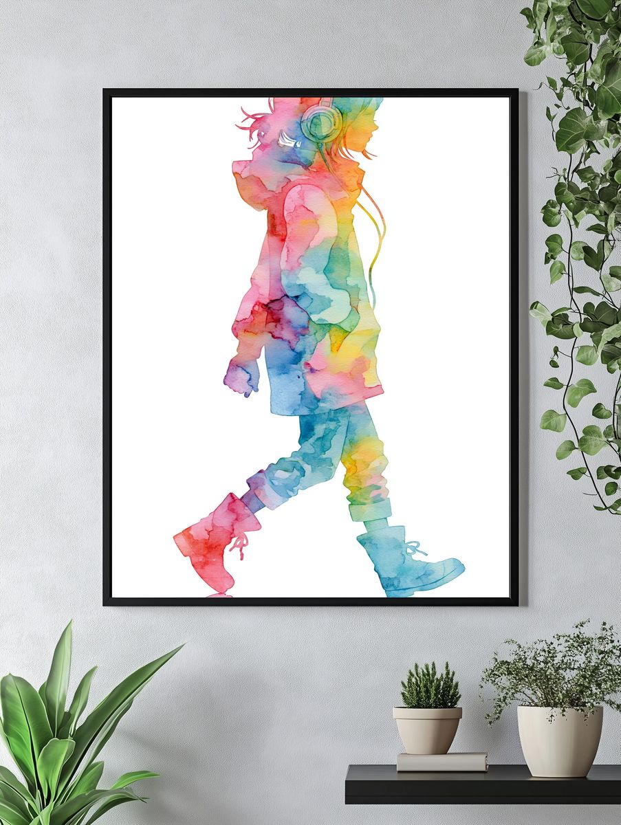 Headphones Girl Watercolor Print. — room view 4