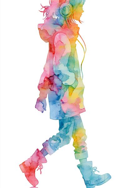 Headphones Girl Watercolor Print.