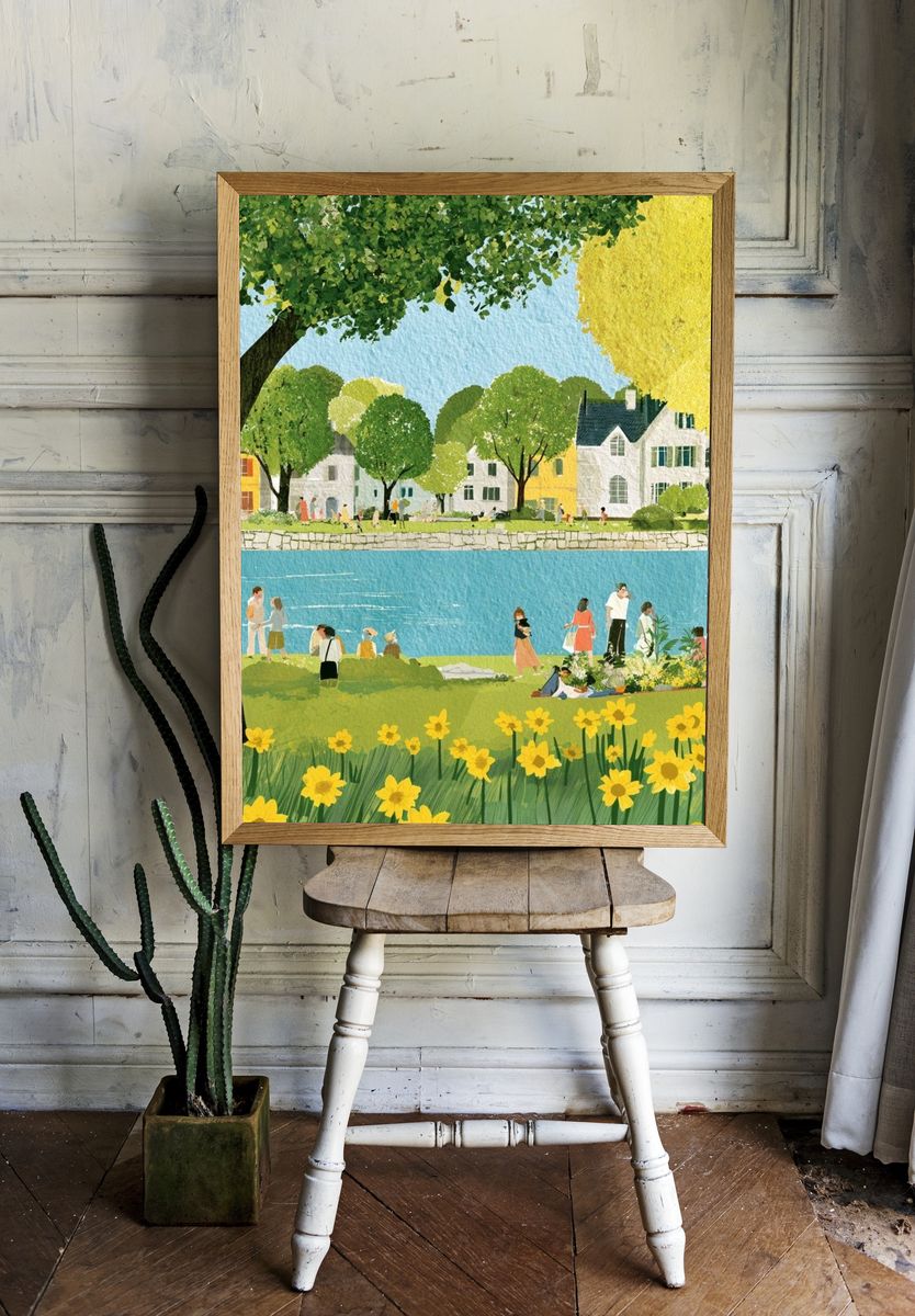 Riverside Village Spring Illustration Poster. room preview