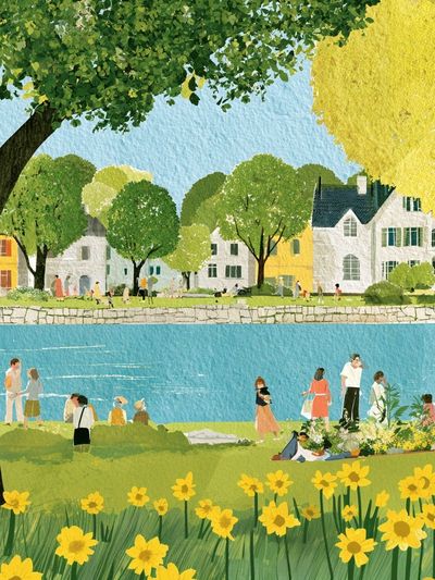 Riverside Village Spring Illustration Poster.