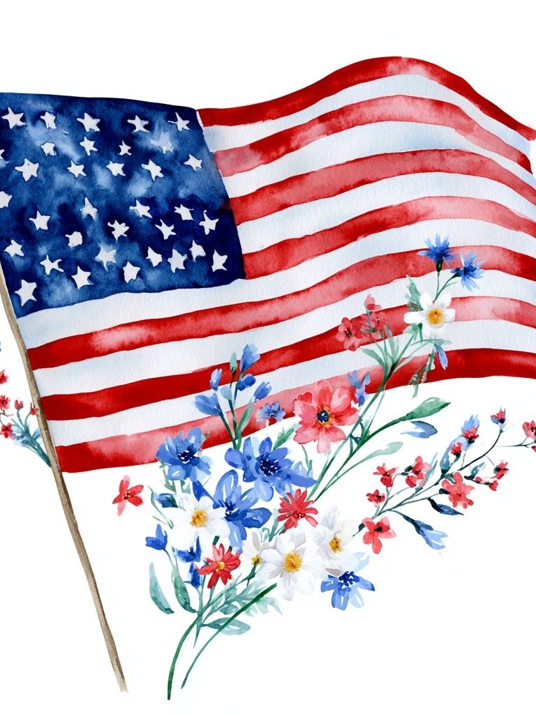 American Flag Floral Watercolor Poster. poster — illustration art
