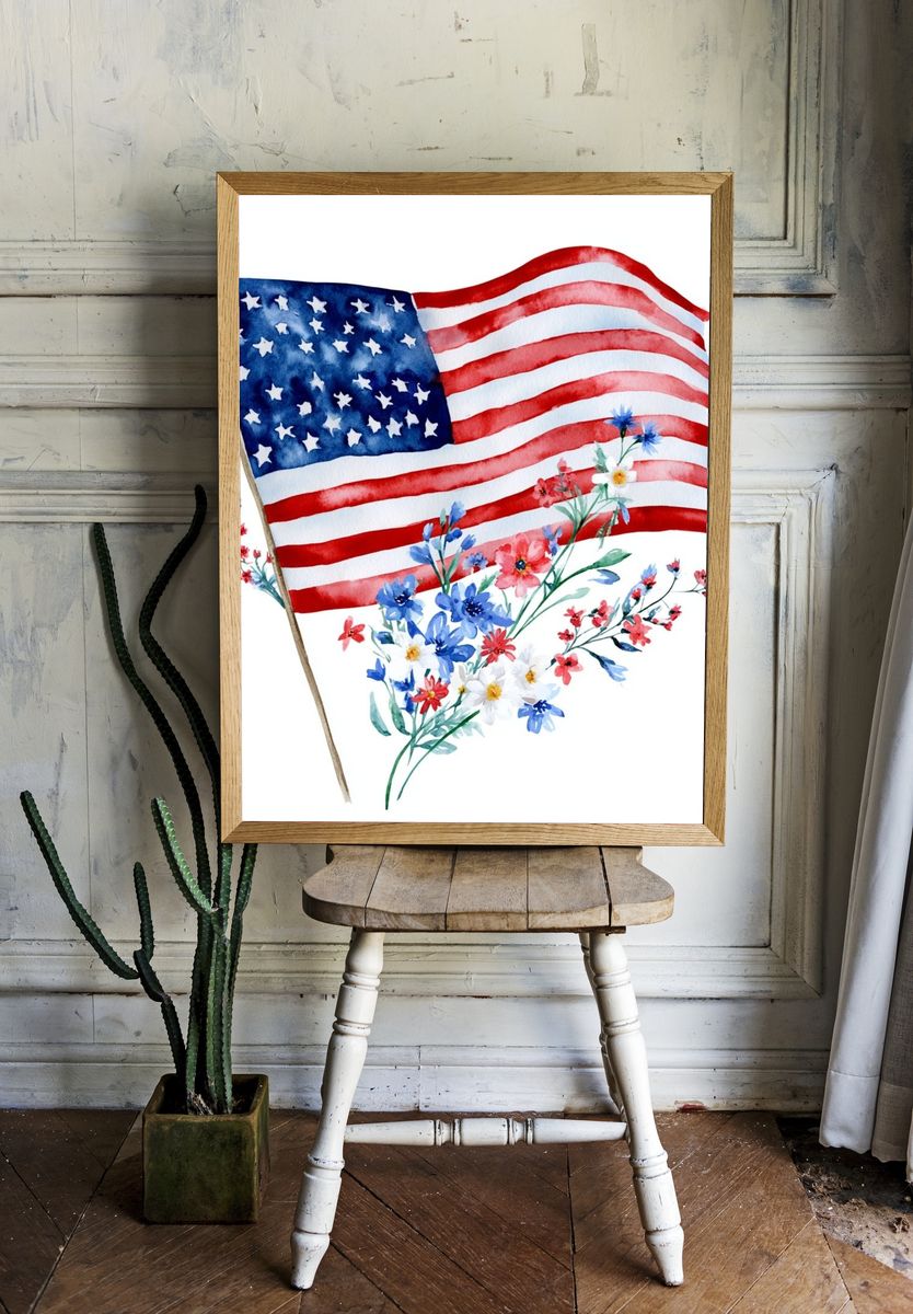 American Flag Floral Watercolor Poster. room preview