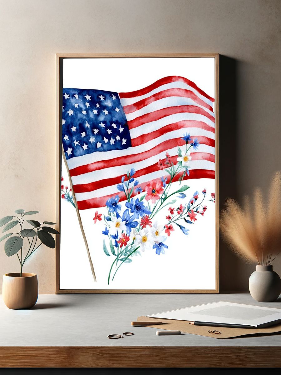 American Flag Floral Watercolor Poster. — room view 2