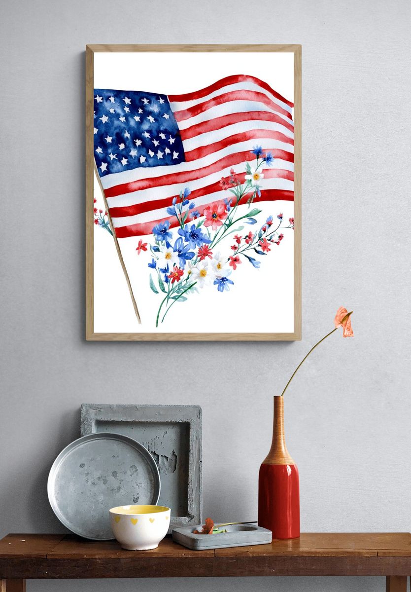American Flag Floral Watercolor Poster. — room view 3