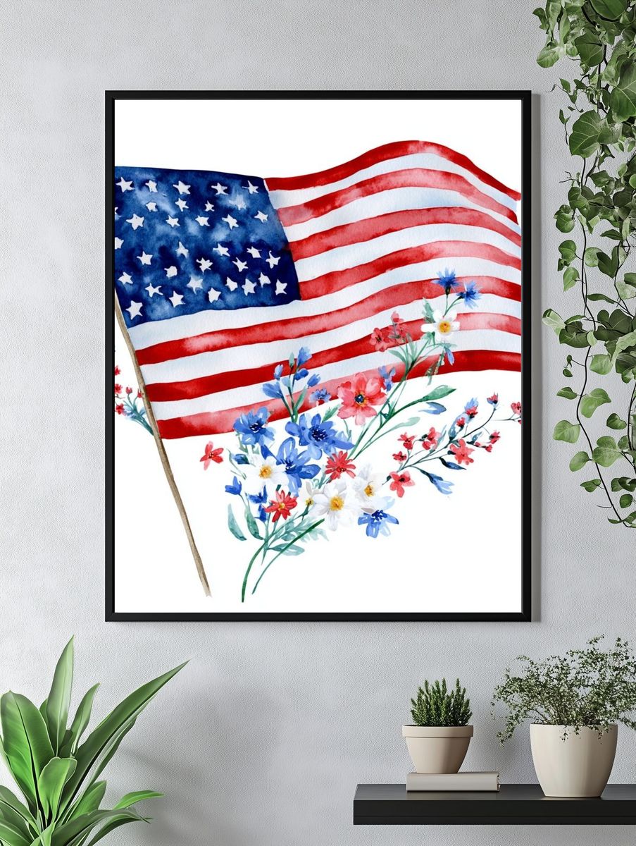 American Flag Floral Watercolor Poster. — room view 4