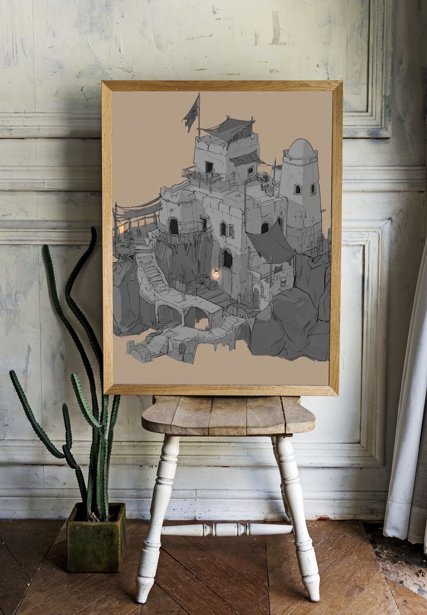 Desert Cliff Fortress Illustration Print. room preview