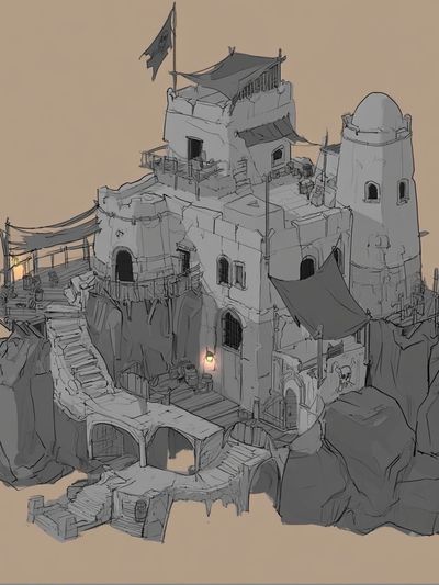 Desert Cliff Fortress Illustration Print.