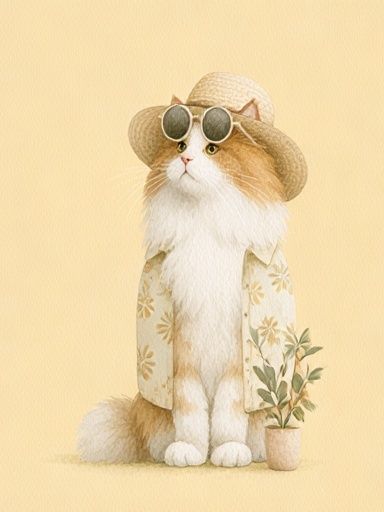 Cat in Sun Hat Illustration Poster. poster detail