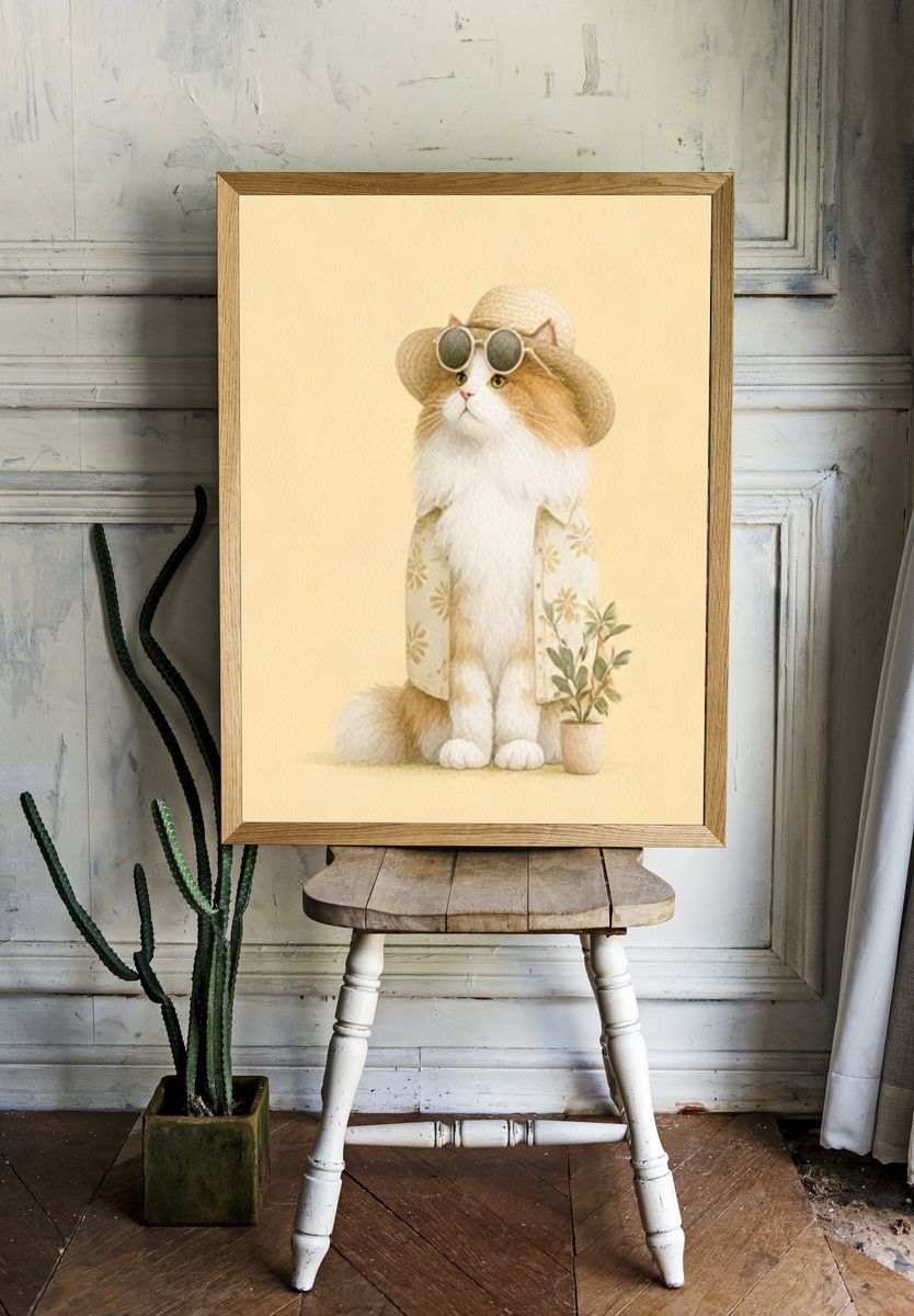 Cat in Sun Hat Illustration Poster. room preview