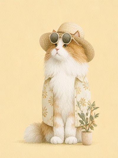 Cat in Sun Hat Illustration Poster.