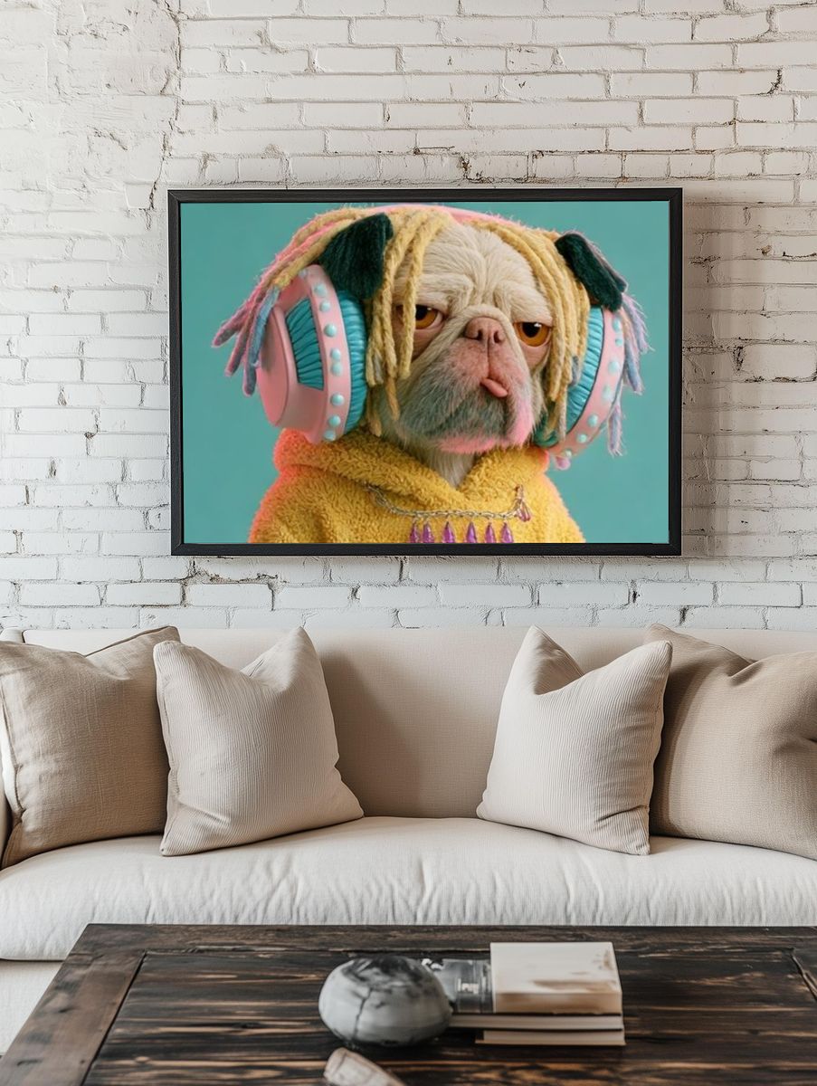 Pug in Headphones Illustration Poster. room preview