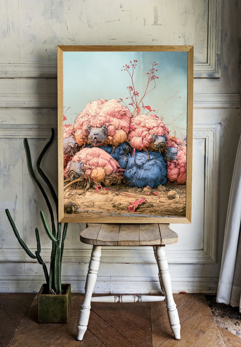 Surreal Bird Pile Digital Art Poster. — room view 1