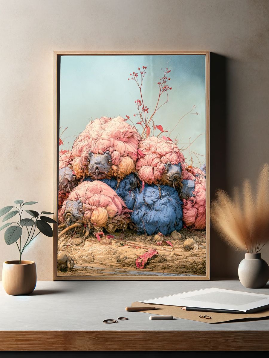 Surreal Bird Pile Digital Art Poster. — room view 2