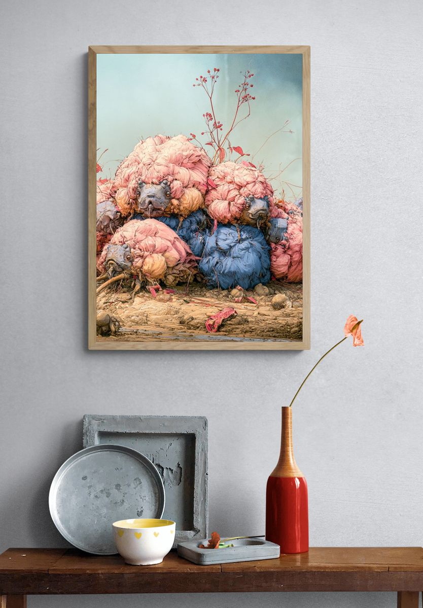 Surreal Bird Pile Digital Art Poster. — room view 3