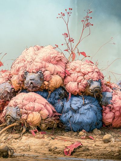 Surreal Bird Pile Digital Art Poster.