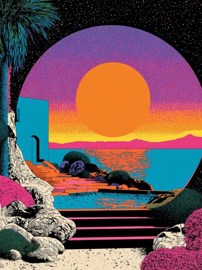 Neon Sunset Seascape Print. poster — illustration art