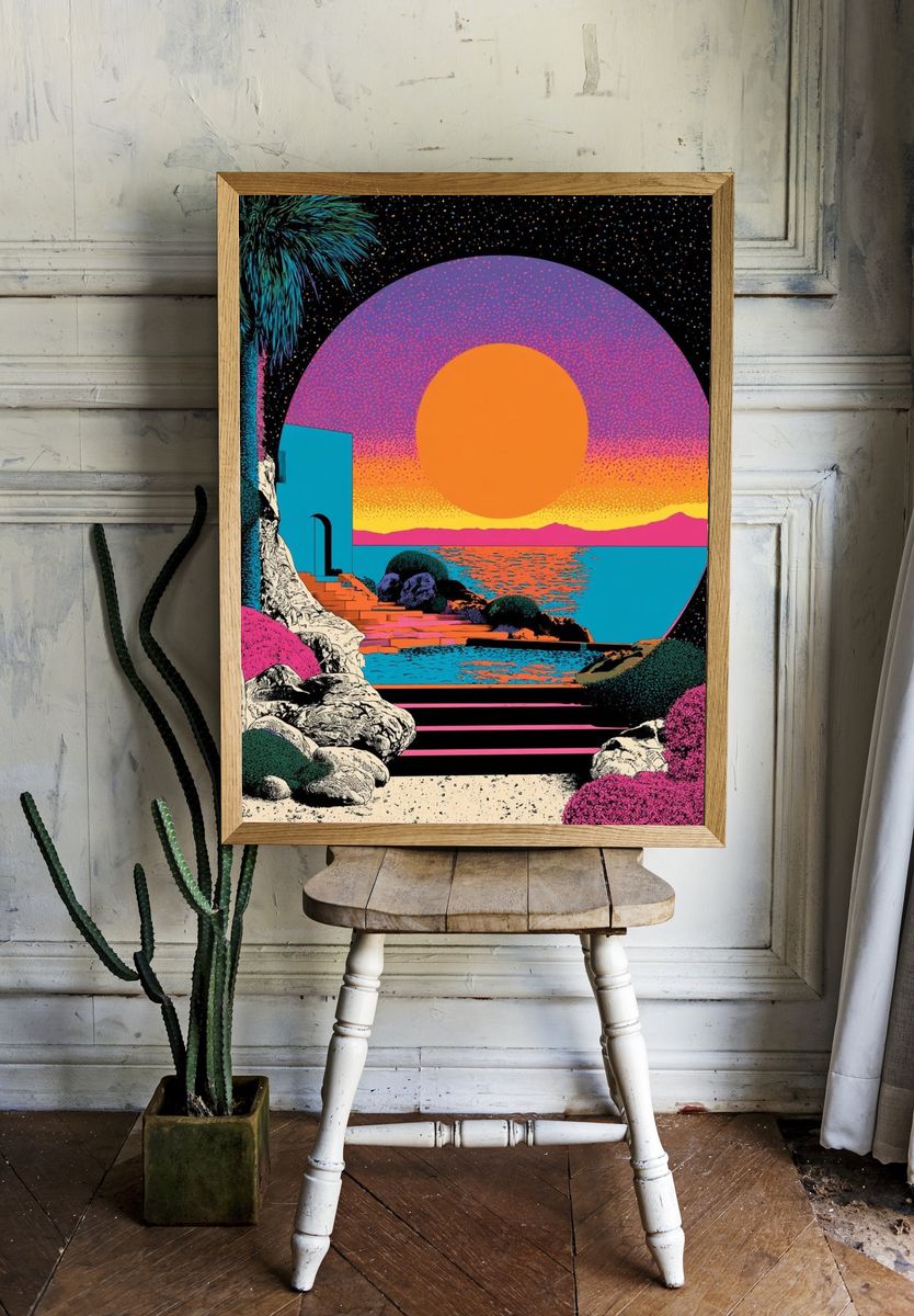 Neon Sunset Seascape Print. room preview