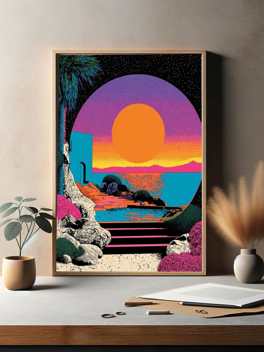 Neon Sunset Seascape Print. — room view 2