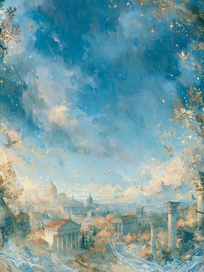Celestial Cityscape Illustration Poster.