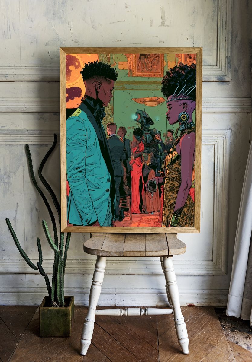 Afrofuturist Gala Scene Illustration Poster. room preview