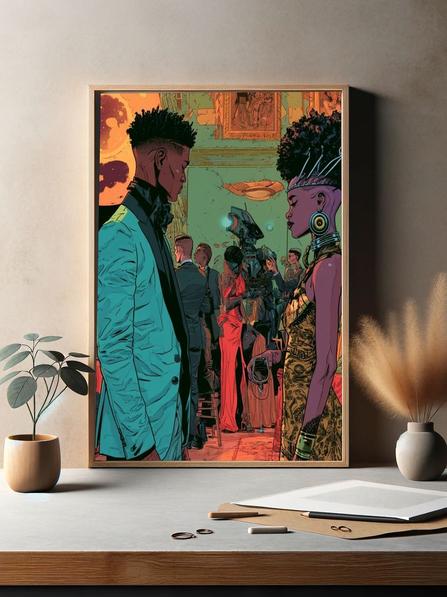 Afrofuturist Gala Scene Illustration Poster. — room view 2