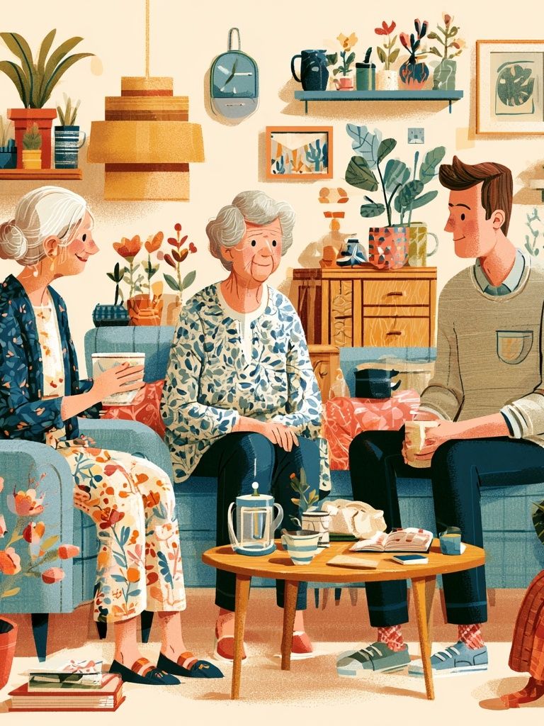 Cozy Living Room Conversation Illustration Poster. poster detail