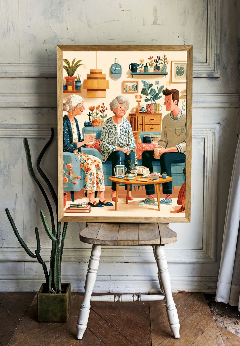 Cozy Living Room Conversation Illustration Poster. — room view 1