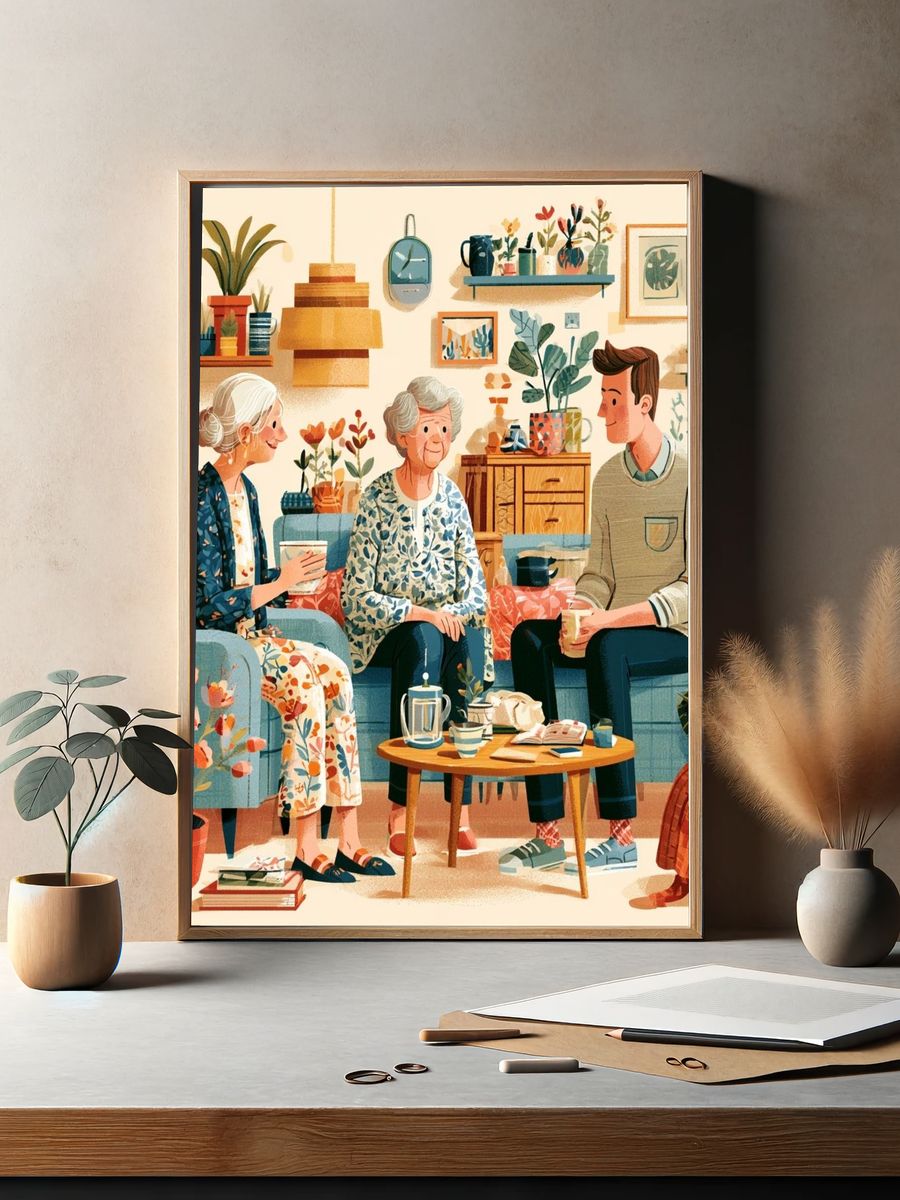 Cozy Living Room Conversation Illustration Poster. — room view 2