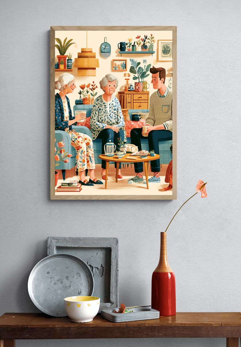 Cozy Living Room Conversation Illustration Poster. — room view 3