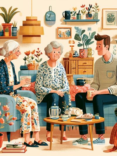 Cozy Living Room Conversation Illustration Poster. poster