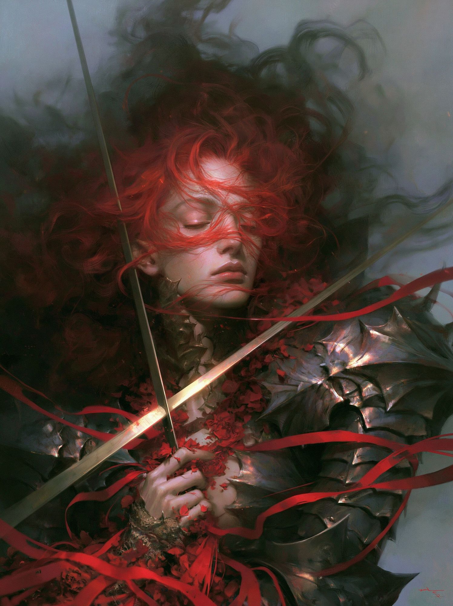 Crimson Warrior Portrait Print. poster — illustration art