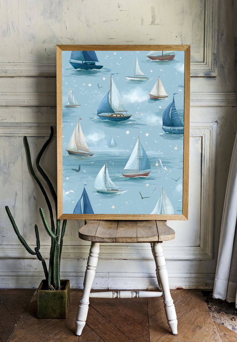 Sailboats on Blue Sea Illustration Poster. room preview
