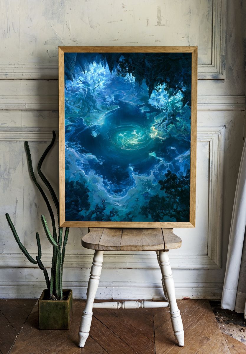 Enchanted Blue Cavern Fantasy Print. room preview